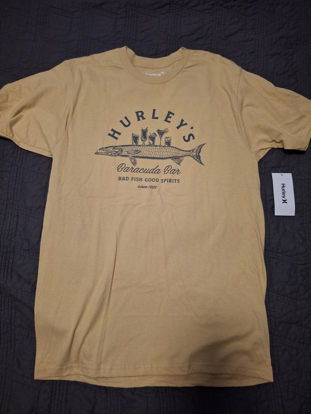 Hurley Men's Barracuda Bar Graphic Tee in Yellow with Navy Print